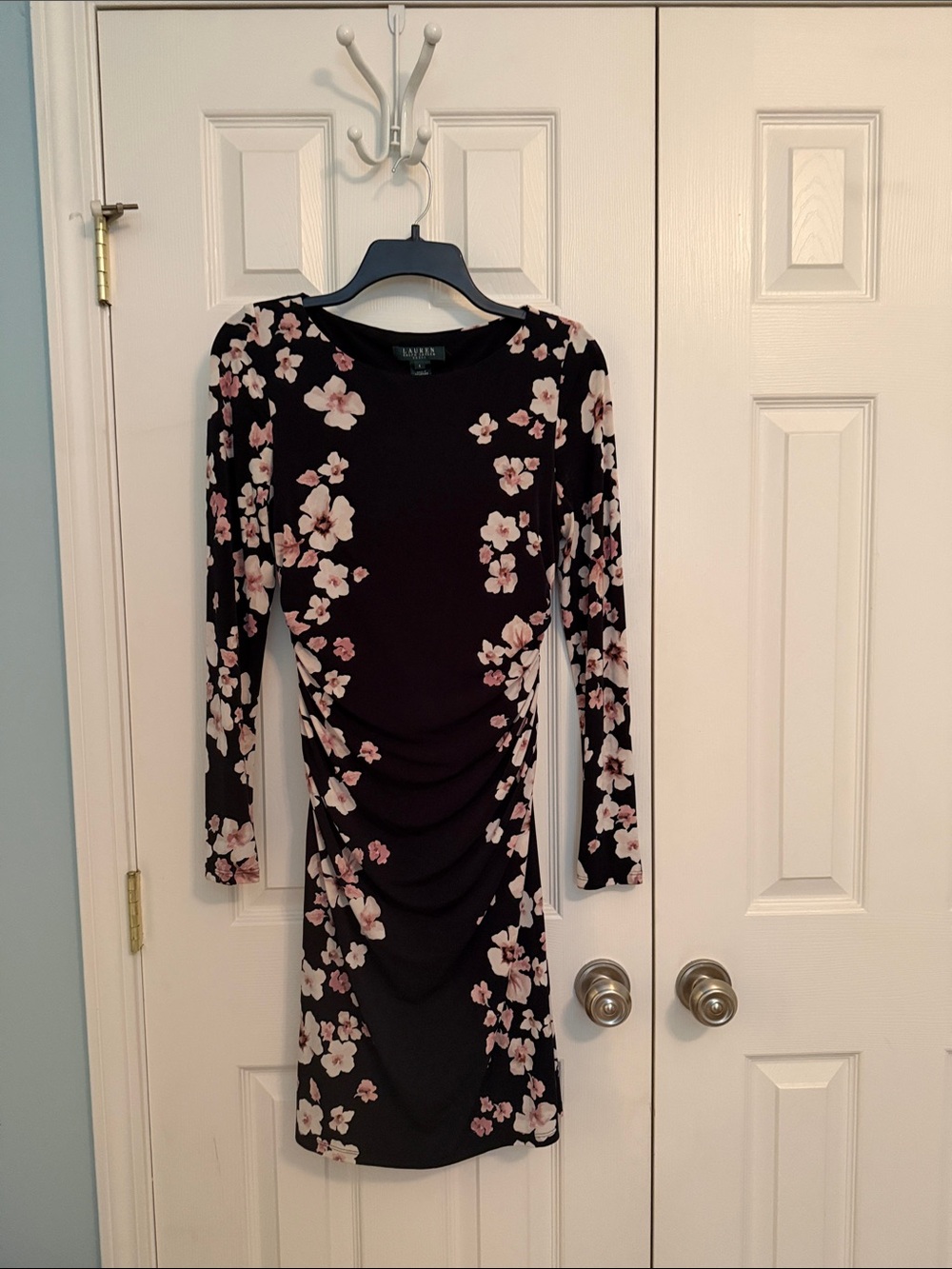 Lauren Ralph Lauren Black Dress with Pink Floral Print and Ruched Sides 4